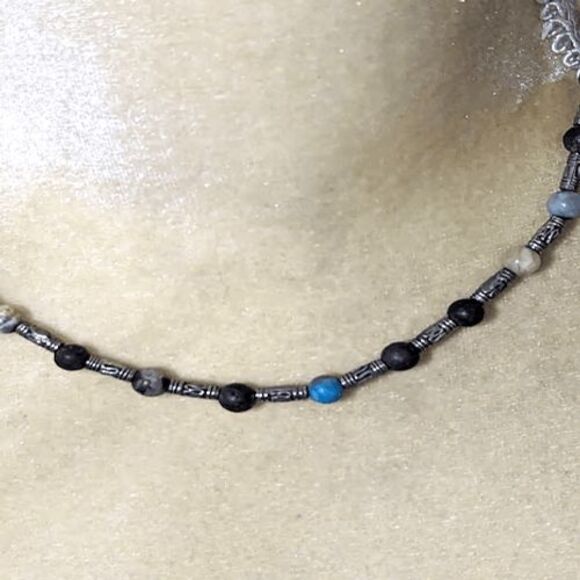 Natural stone beaded necklace handmade 18" lobster clasp teal brown tones - Picture 3 of 3